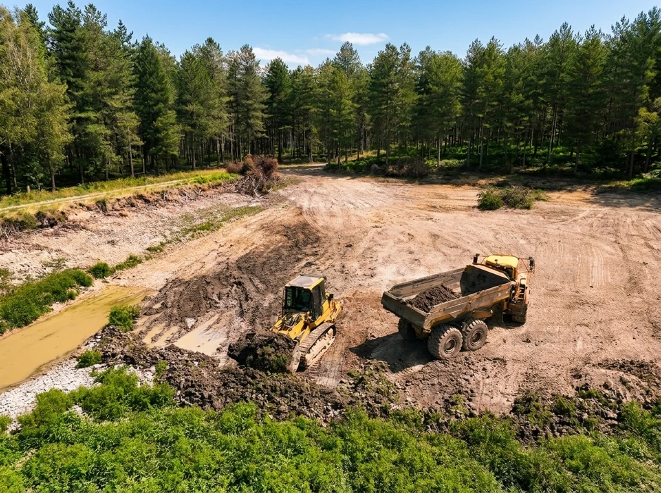 Chantier de terrassement en forêt, vue aérienne par beau temps