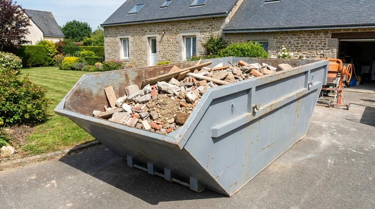 Chantier de d&eacute;molition en ext&eacute;rieur avec pelleteuse sur chenilles en action