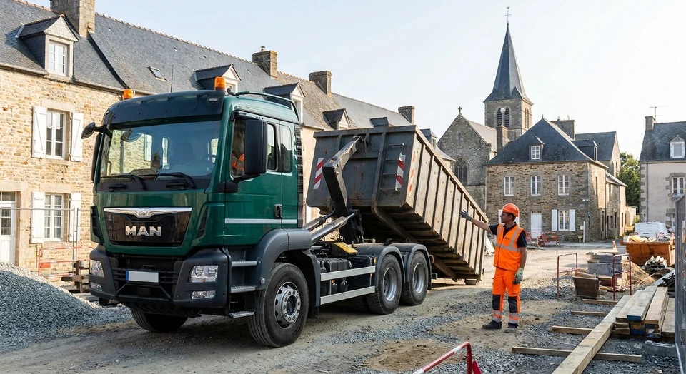 Un camion benne professionnel de couleur foncée (bleu, gris ou vert) en cours de livraison sur un chantier, avec un opérateur en gilet de sécurité et casque supervisant l'installation près du bâtiment ou de la zone de travail. Le camion doit être clairement identifiable comme équipement de travaux publics/terrassement. L'image doit montrer le contexte de chantier (terrain, matériaux, environnement de travaux publics) pour bien illustrer la prise en charge professionnelle de déchets/matériaux par l'entreprise elle-même.