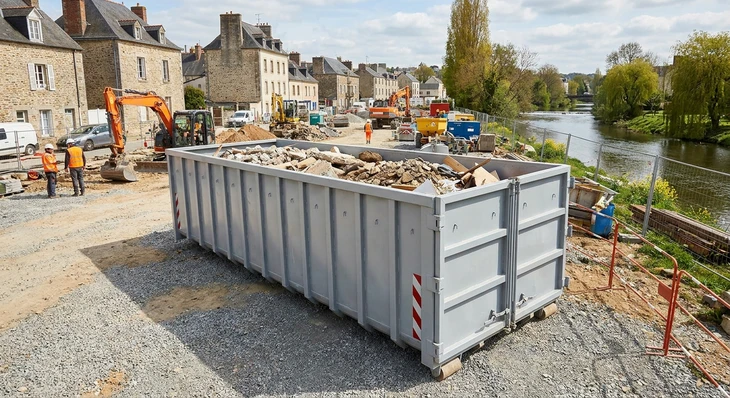 Chantier de terrassement en extérieur avec pelleteuse hydraulique sur chenilles en action