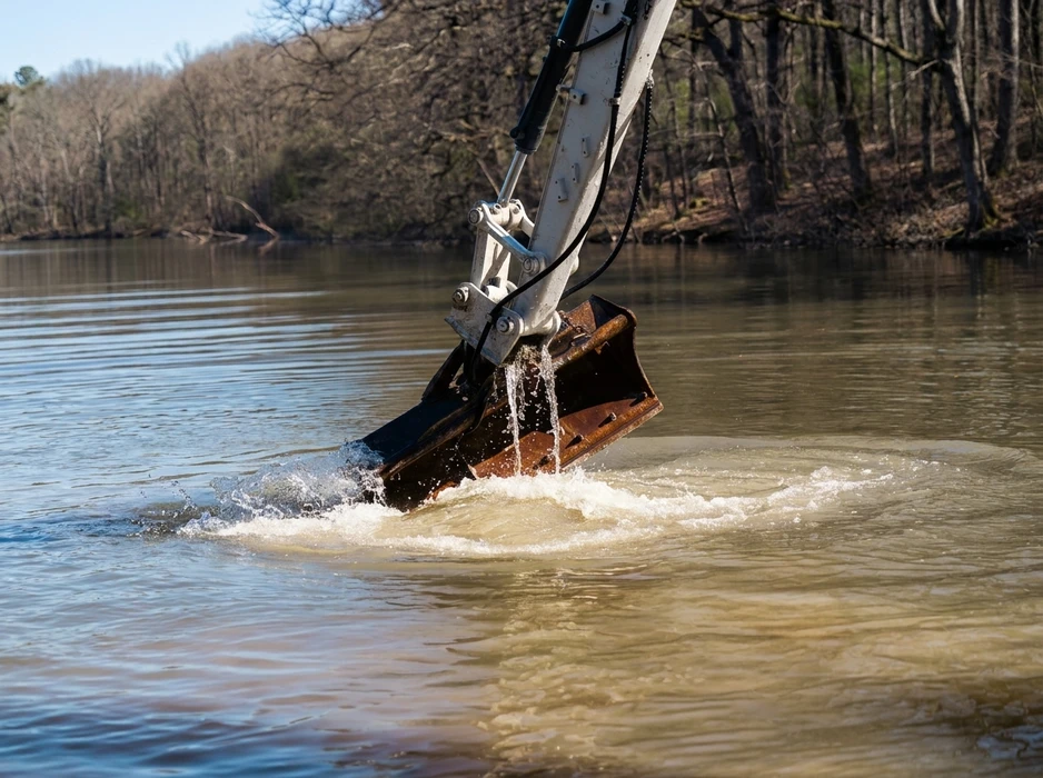 Opération de dragage fluvial en extérieur, godet de pelle hydraulique immergé dans une rivière, eau turbide et éclaboussures visibles