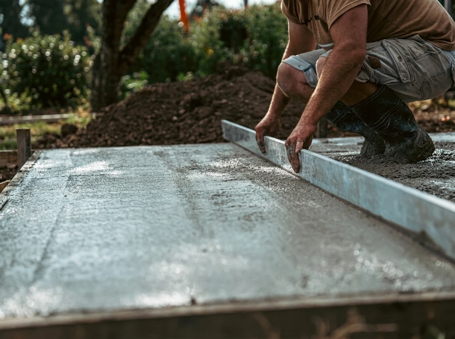 Scène extérieure, un ouvrier accroupi lisse une dalle de béton frais à l'aide d'une règle de maçon en aluminium