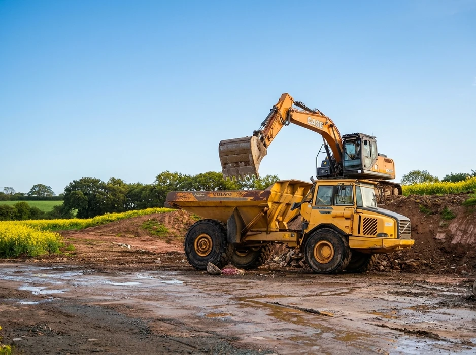 Scène de chantier extérieur, excavatrice **CASE** déversant des matériaux dans un tombereau articulé **Volvo**, sol boueux, végétation et champs de colza en arrière-plan