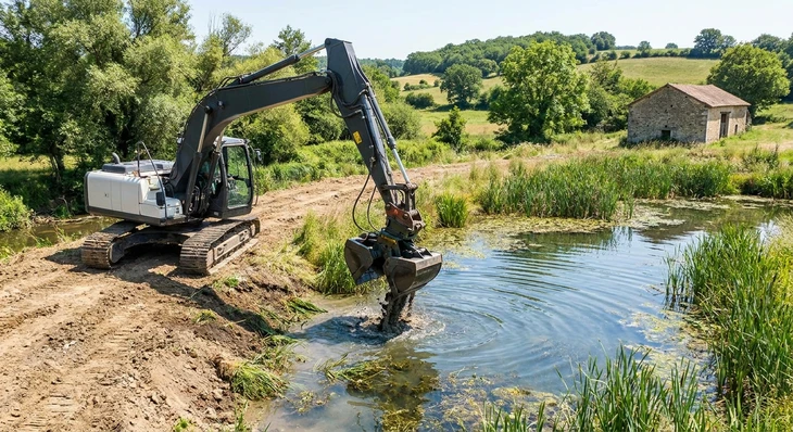 Scène extérieure sur terrain herbeux avec intervention technique sur regard d'assainissement