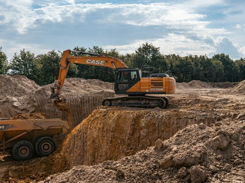 Chantier de terrassement extérieur, ciel nuageux, arbres en arrière-plan
