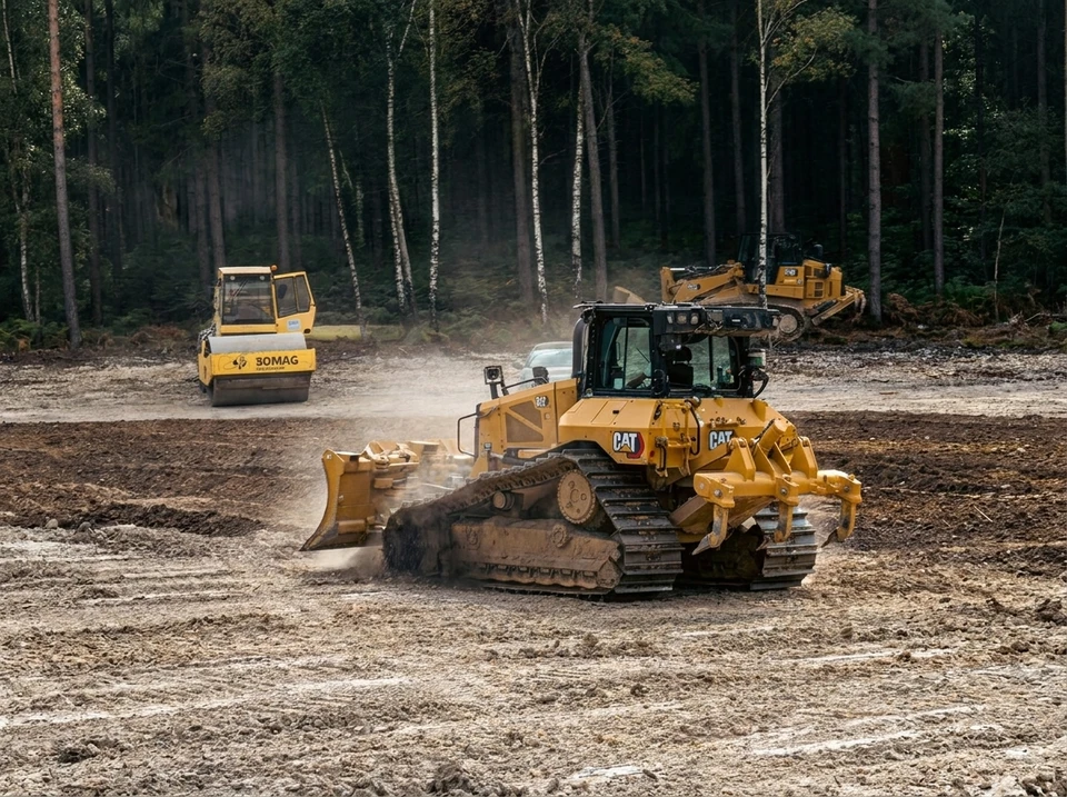 Chantier de construction extérieur avec pelleteuse compacte orange en activité près d'un tas de terre et gravats