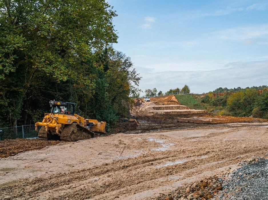 Vue aérienne d'un hangar métallique neuf à bardage acier anthracite, toiture bac acier, en cours de construction en zone rurale agricole