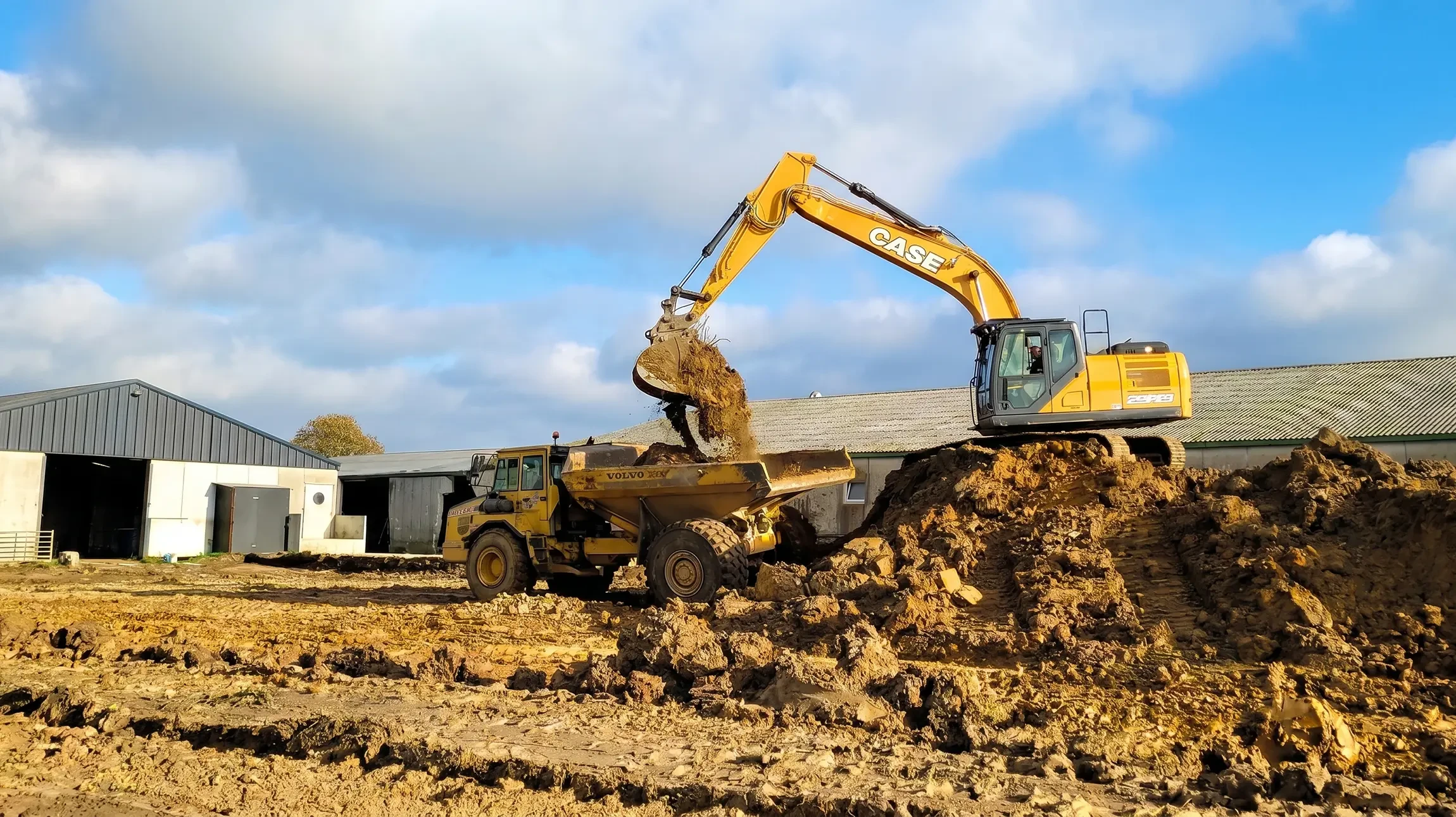 Chantier de terrassement en plein air avec pelleteuses hydrauliques jaunes en activité
