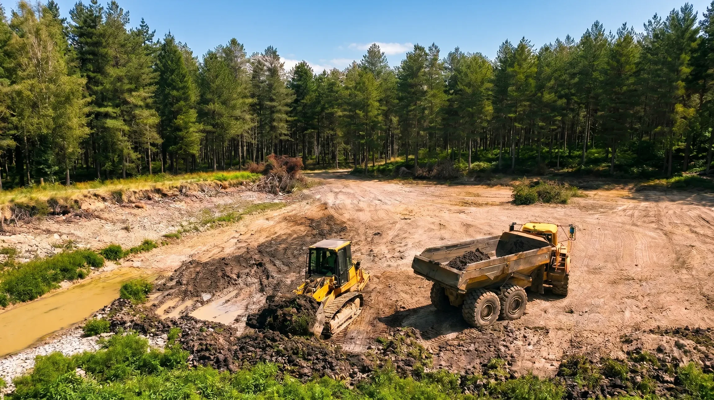 Chantier de terrassement en extérieur avec pelleteuse hydraulique sur chenilles en action