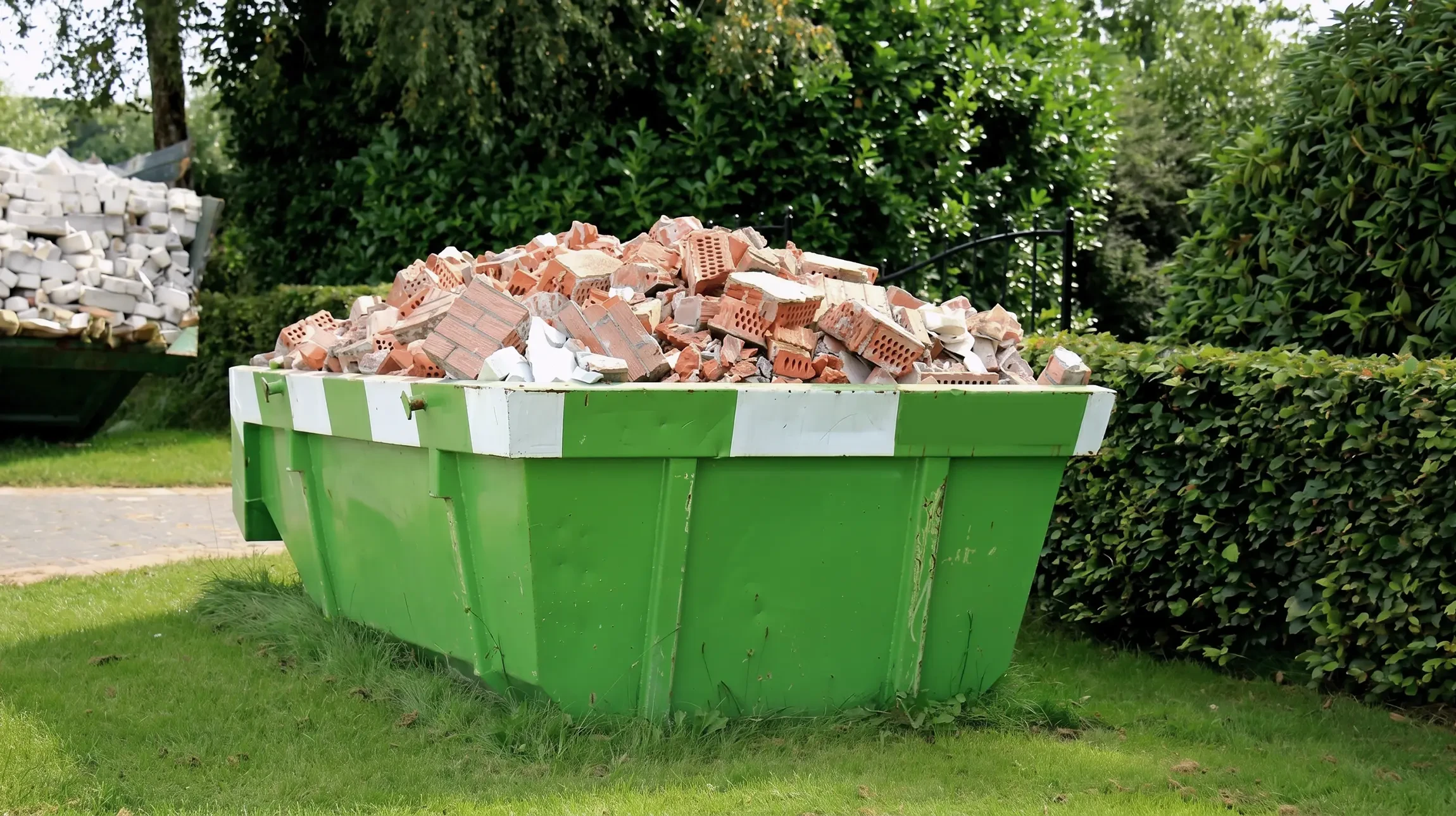 Site de démolition et de rénovation avec structure en acier exposée et débris de construction